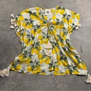 Z & L Women’s Lemon Print Tassel Kimono Blouse Top‎ Sz S/M Boho Hippie Fairy
